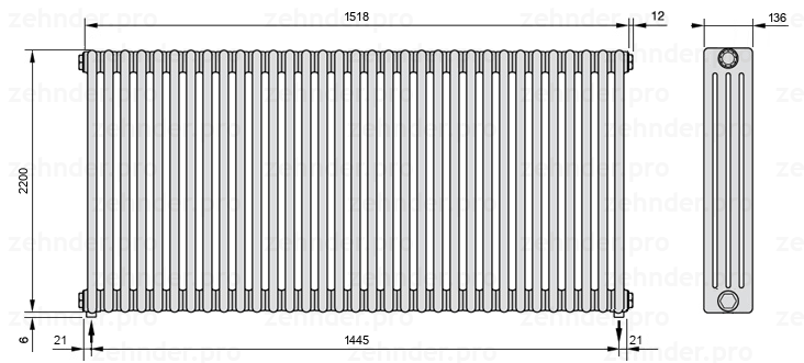 Схема (чертеж) Радиатор Zehnder Charleston 4220/33 №3570 Белый глянцевый RAL 9016